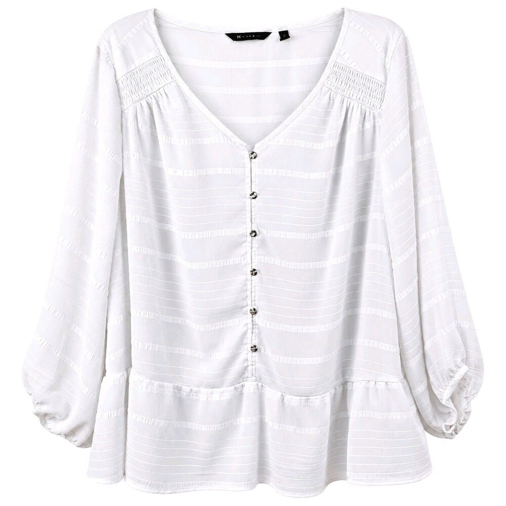 H by Halston Striped Button Front Top with Blouson Sleeves 22W A352404